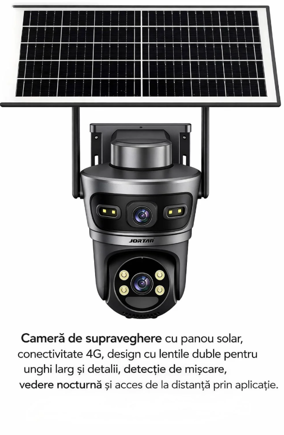 Camera de Supraveghere cu 2 Lentile 6MP, 4G, Panou Solar, 18.000mA PTZ 355°, Jortan 4GHD, IP66, HD, 1920 x 1080 Pixeli, Aplicatie Yoosee