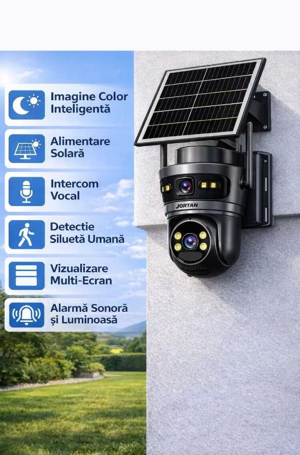Camera de Supraveghere cu 2 Lentile 6MP, 4G, Panou Solar, 18.000mA PTZ 355°, Jortan 4GHD, IP66, HD, 1920 x 1080 Pixeli, Aplicatie Yoosee