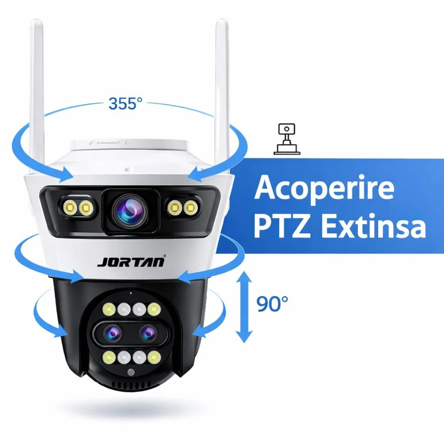 Camera de Supraveghere WiFi Jortan 5, 9MP, Sistem de Lentile Triple, PTZ 360°, IP66, Vedere Nocturna Color, Audio Bidirectional, Aplicatie Yoosee