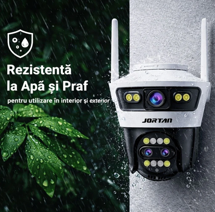 Camera de Supraveghere WiFi Jortan 5, 9MP, Sistem de Lentile Triple, PTZ 360°, IP66, Vedere Nocturna Color, Audio Bidirectional, Aplicatie Yoosee