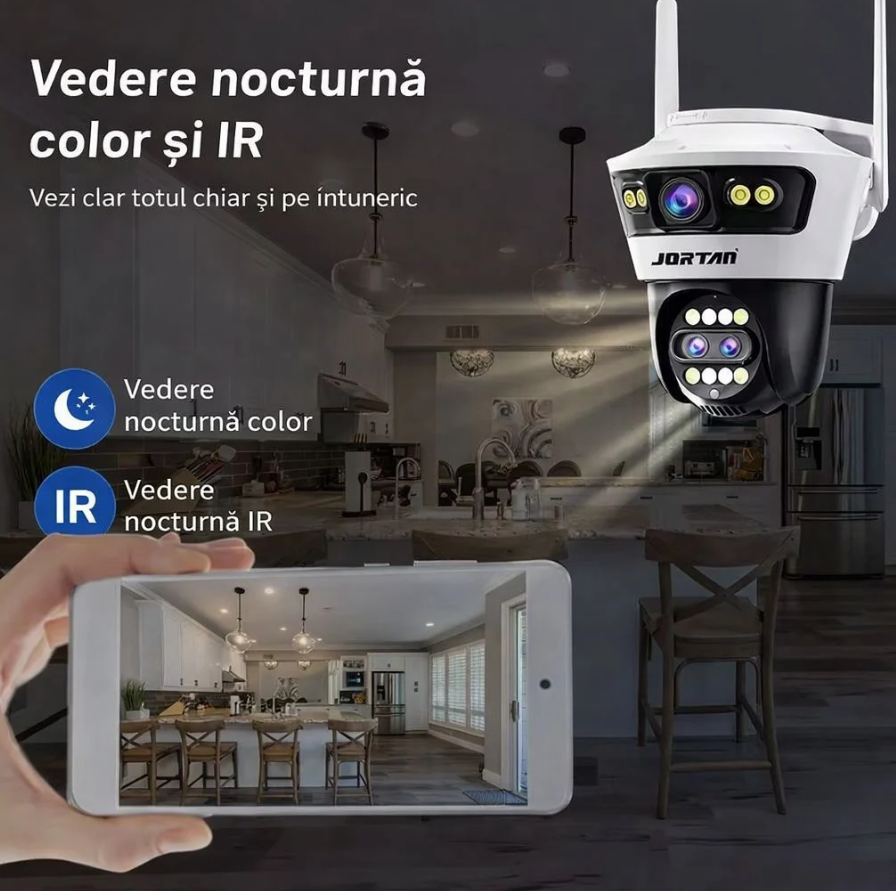 Camera de Supraveghere WiFi Jortan 5, 9MP, Sistem de Lentile Triple, PTZ 360°, IP66, Vedere Nocturna Color, Audio Bidirectional, Aplicatie Yoosee
