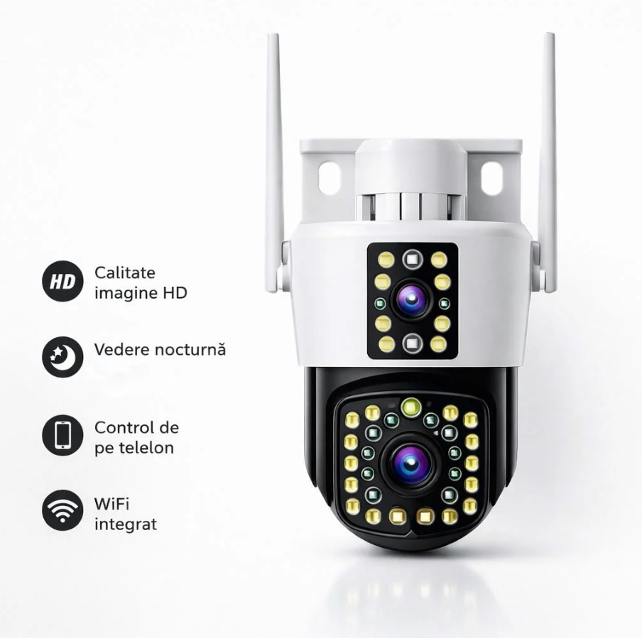 Camera de Supraveghere WiFi Jortan 8293QJ, 6MP, Dual Lens, PTZ 360°, Exterior IP66, Vedere Nocturna Color, Audio Bidirectional, Aplicatie Yoosee