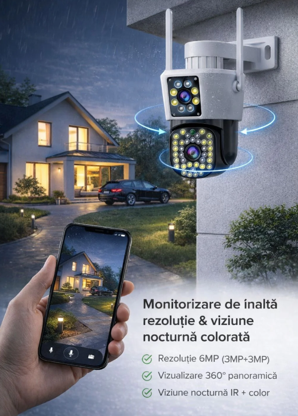 Camera de Supraveghere WiFi Jortan 8293QJ, 6MP, Dual Lens, PTZ 360°, Exterior IP66, Vedere Nocturna Color, Audio Bidirectional, Aplicatie Yoosee