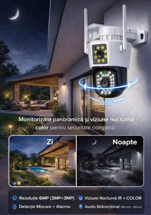 Camera de Supraveghere WiFi Jortan 8293QJ, 6MP, Dual Lens, PTZ 360°, Exterior IP66, Vedere Nocturna Color, Audio Bidirectional, Aplicatie Yoosee