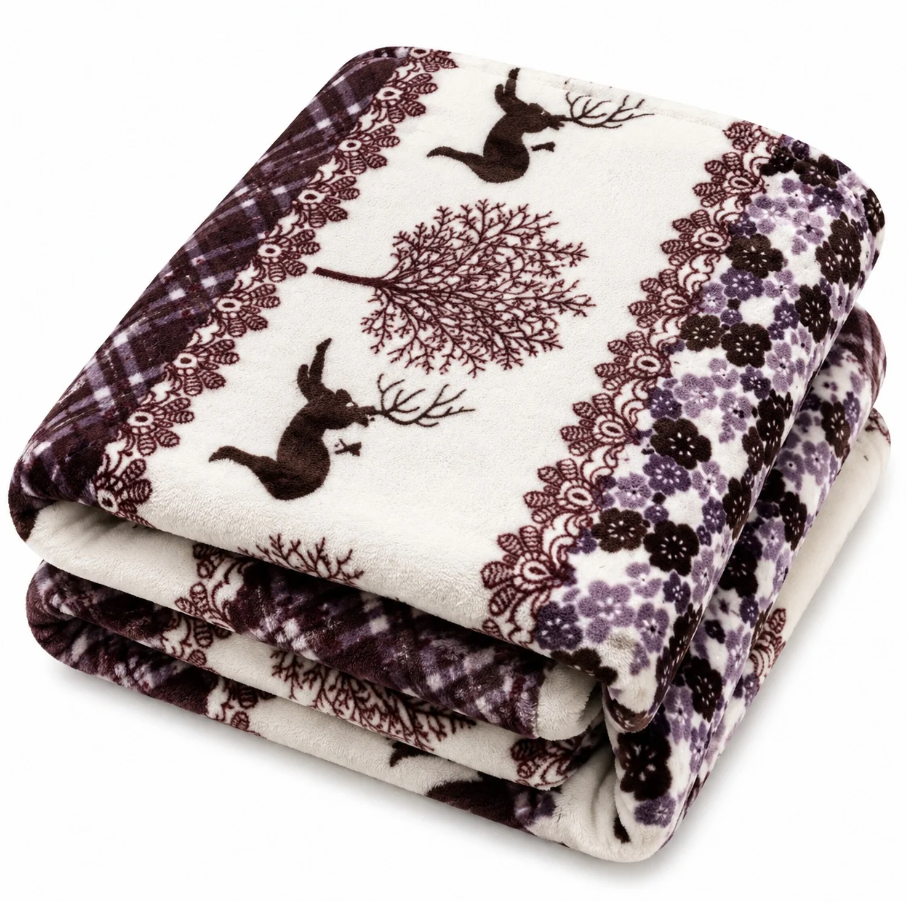 1+1 GRATIS Patura Cocolino Pufoasa cu Model Cerbi si Flori, 200x220 cm, Crem cu Maro