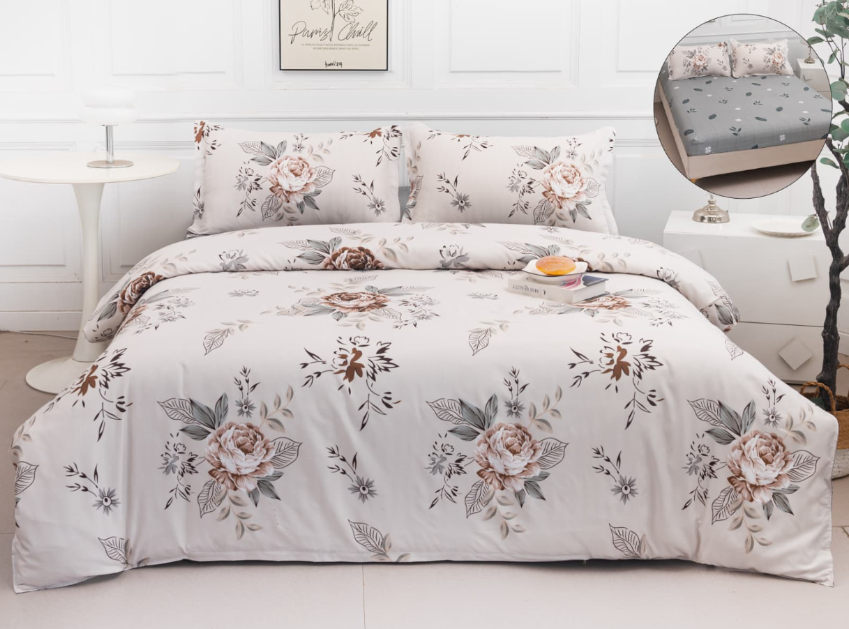 Set Lenjerie de Pat 4 Piese din Bumbac Satinat cu Cearceaf cu Elastic (180x200 cm), Husă Pilotă (200x230 cm), Textură Fină, șifonare Redusă