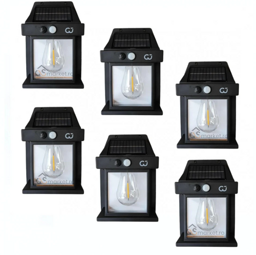 Set 6 Lămpi Solare de Perete Retro Kivoo – Senzor de Mișcare (5-8m) & Crepuscular, 3 Moduri de Iluminare, 600 Lumeni, Baterie 1800mAh, Protecție IP65, Negru