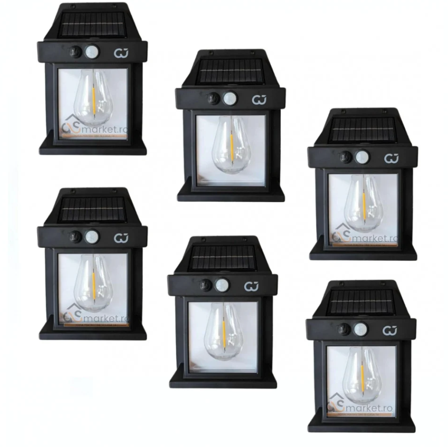 Set 6 Lămpi Solare de Perete Retro Kivoo – Senzor de Mișcare (5-8m) & Crepuscular, 3 Moduri de Iluminare, 600 Lumeni, Baterie 1800mAh, Protecție IP65, Negru