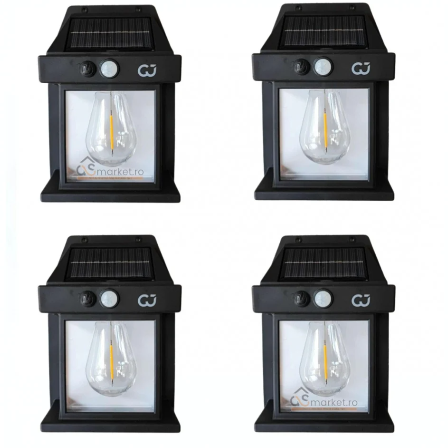 Set 4 Lămpi Solare de Perete Retro Kivoo – Senzor de Mișcare (5-8m) & Crepuscular, 3 Moduri de Iluminare, 600 Lumeni, Baterie 1800mAh, Protecție IP65, Negru