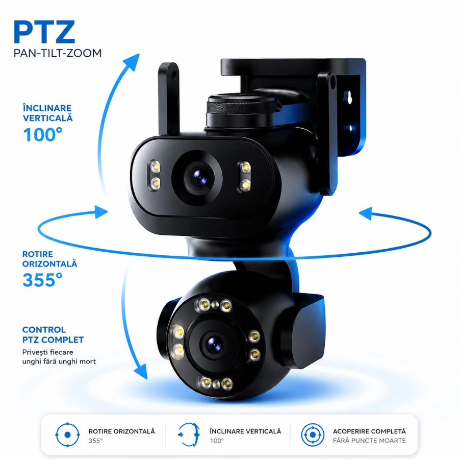 Cameră de Supraveghere JORTAN JT-9680 – 8MP (4MP + 4MP), Dual Lens, WiFi, PTZ 360°, AI, Vedere Nocturnă Color, Yoosee