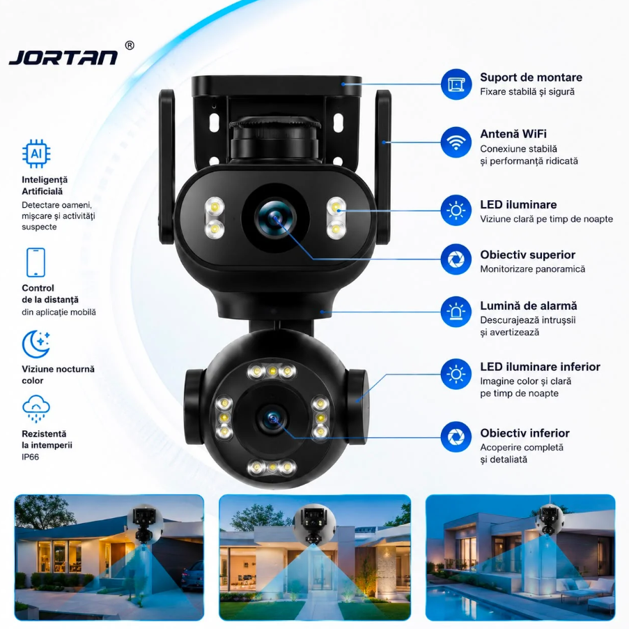 Cameră de Supraveghere JORTAN JT-9680 – 8MP (4MP + 4MP), Dual Lens, WiFi, PTZ 360°, AI, Vedere Nocturnă Color, Yoosee