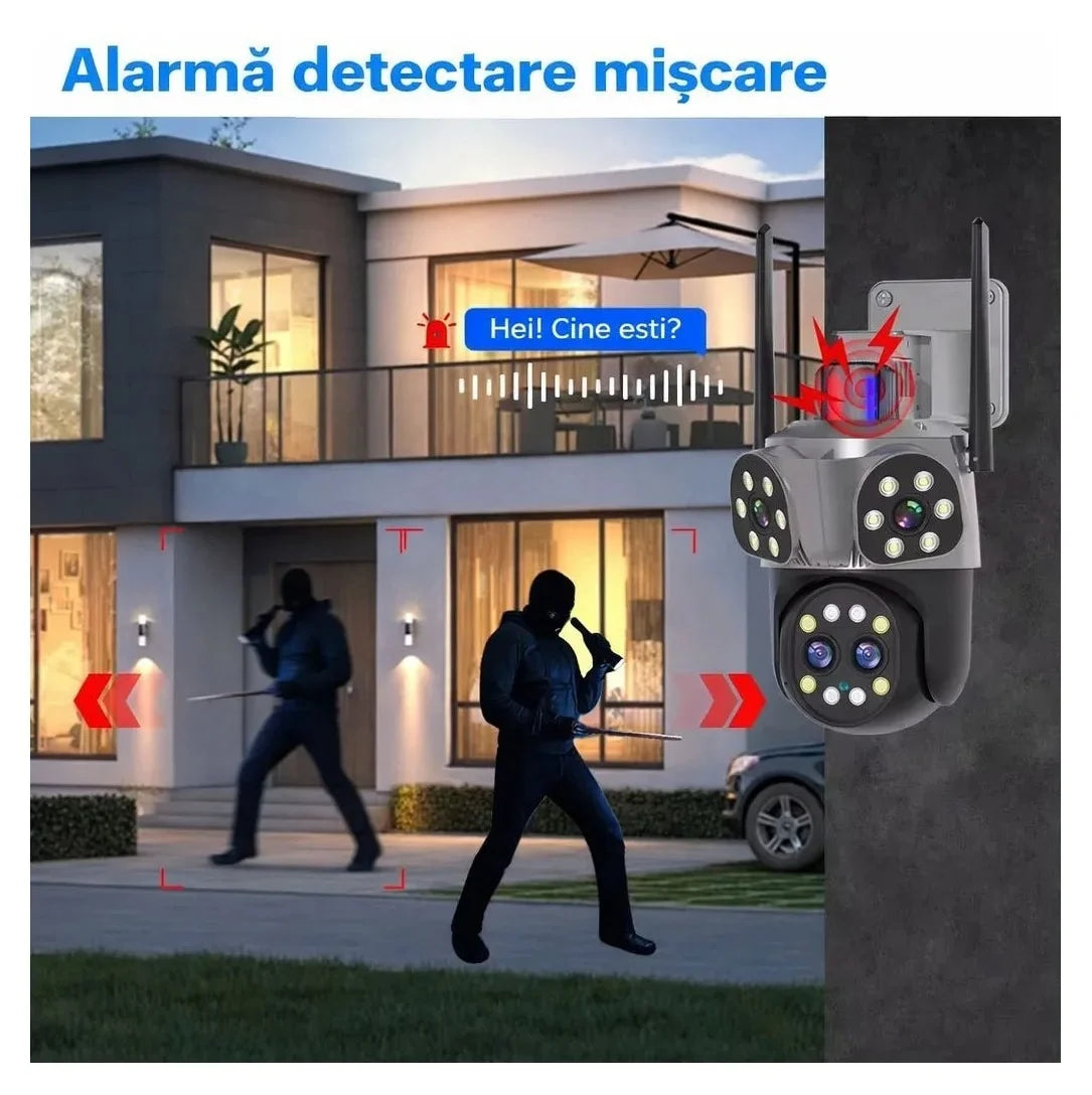 Camera Supraveghere WiFi JORTAN zoom optic JT-8856, 12MP, 4 Lentile cu Zoom, Senzor de miscare, Rotire 360°, Alarma, Vedere Nocturna Color, Waterproof, Negru